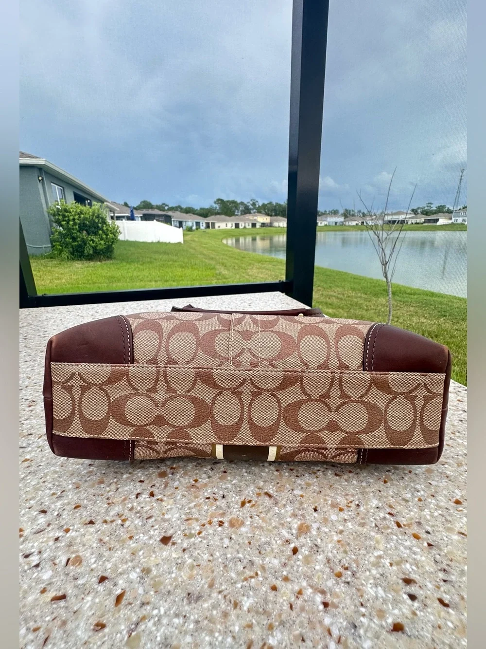 Coach Brown Signature Canvas Tote with Cream Stripe